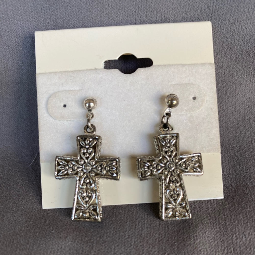Silver tone, filigree drop cross earrings